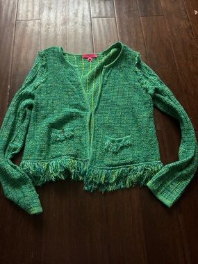 Lilly Pulitzer Green Fringed Tweed Cardigan